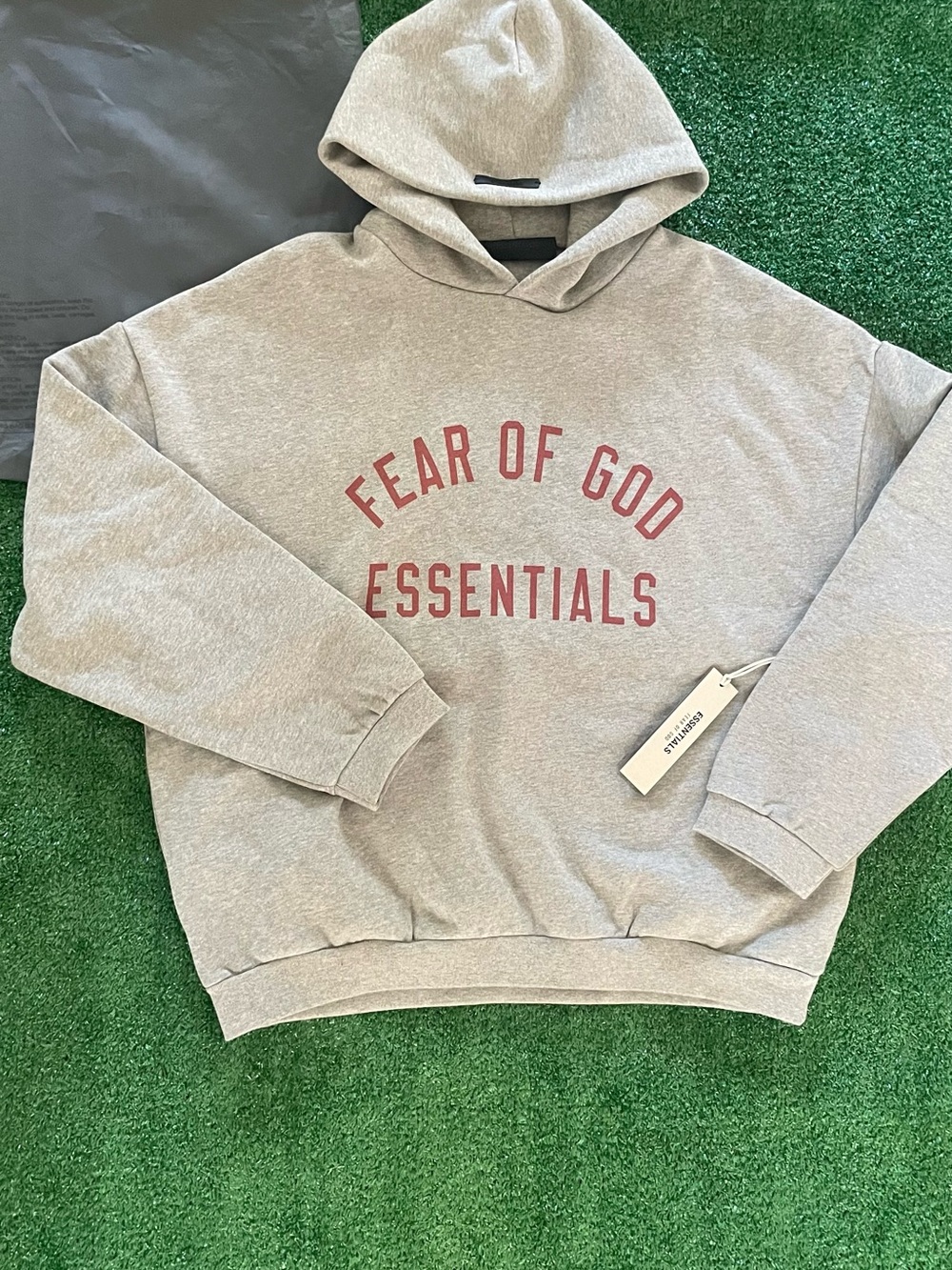 Essentials Light Gray Hoodie with Red Logo